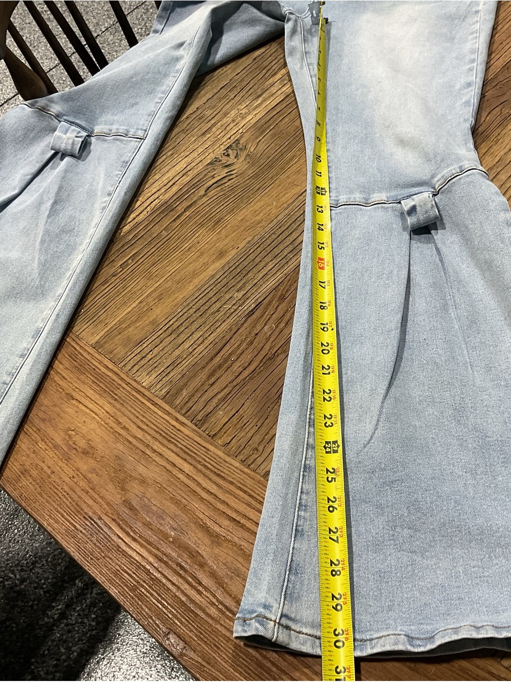 Light Blue High-Rise Flare Jeans with Knee Bow Carpenter Detail - Picture 10 of 11